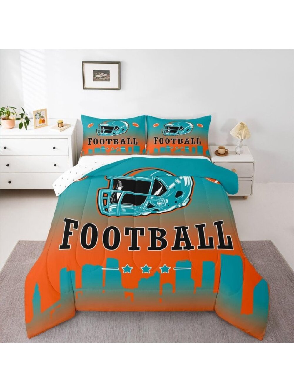 Football City Sports Bedding Set - Queen Comforter for Kids & Teens, Rugby Theme